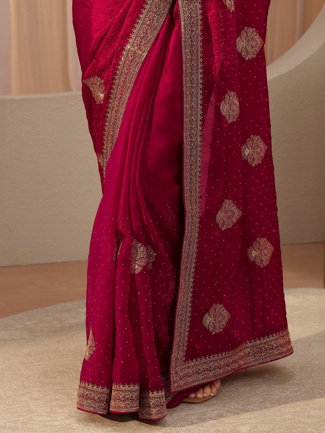 Rani Pink Ethnic Embellished Tissue Saree