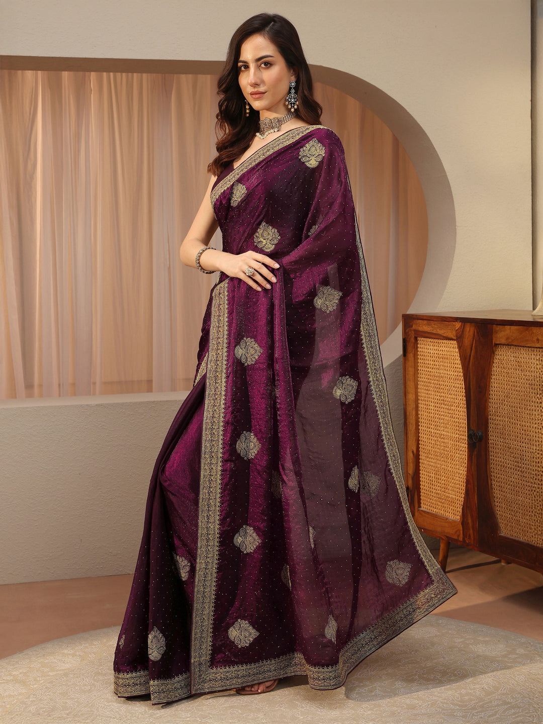 Burgundy Ethnic Embellished Tissue Saree
