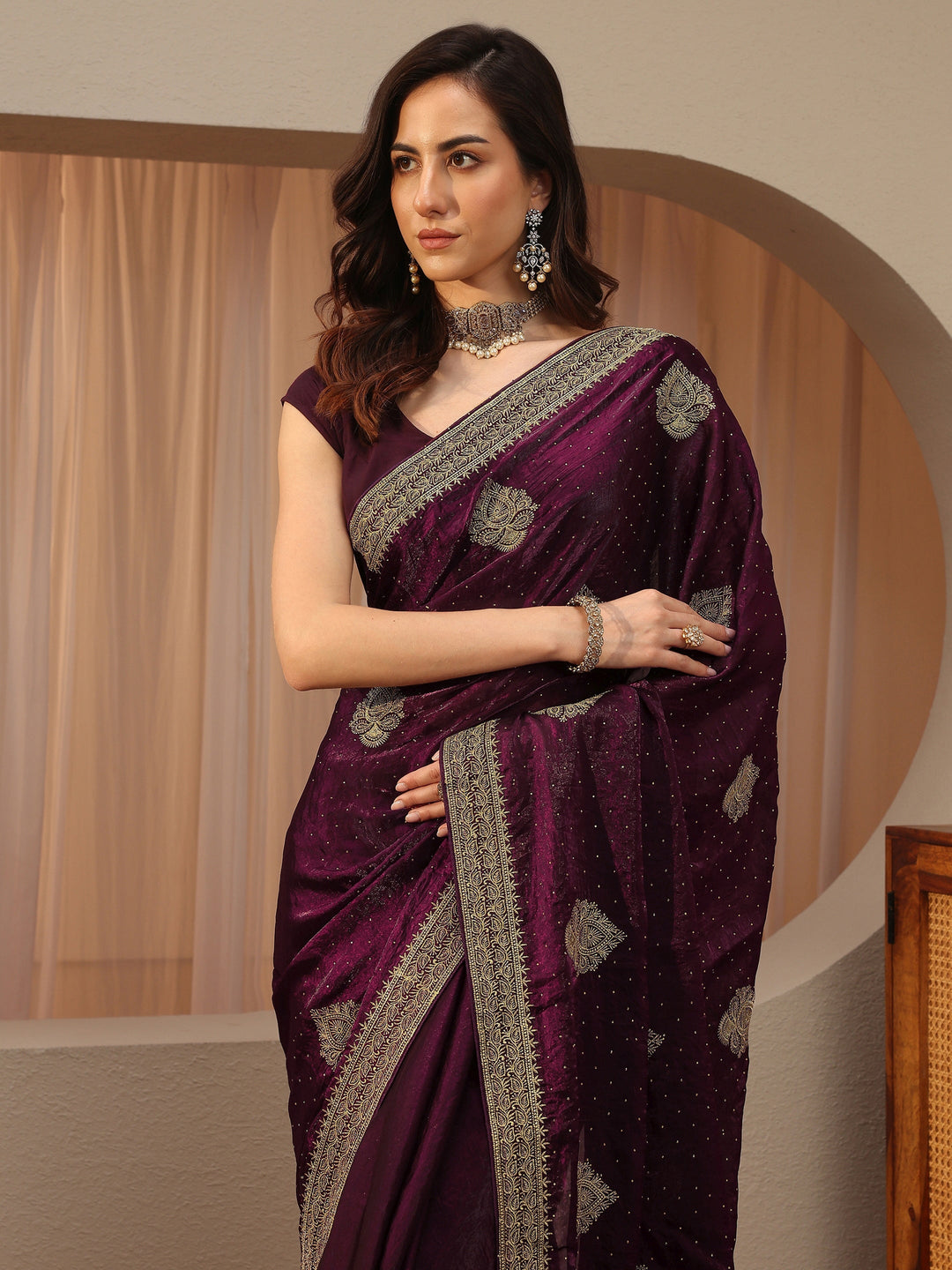Burgundy Ethnic Embellished Tissue Saree