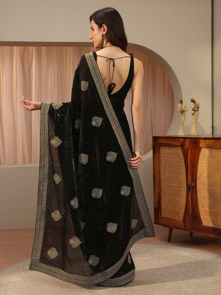 Black Ethnic Embellished Tissue Saree