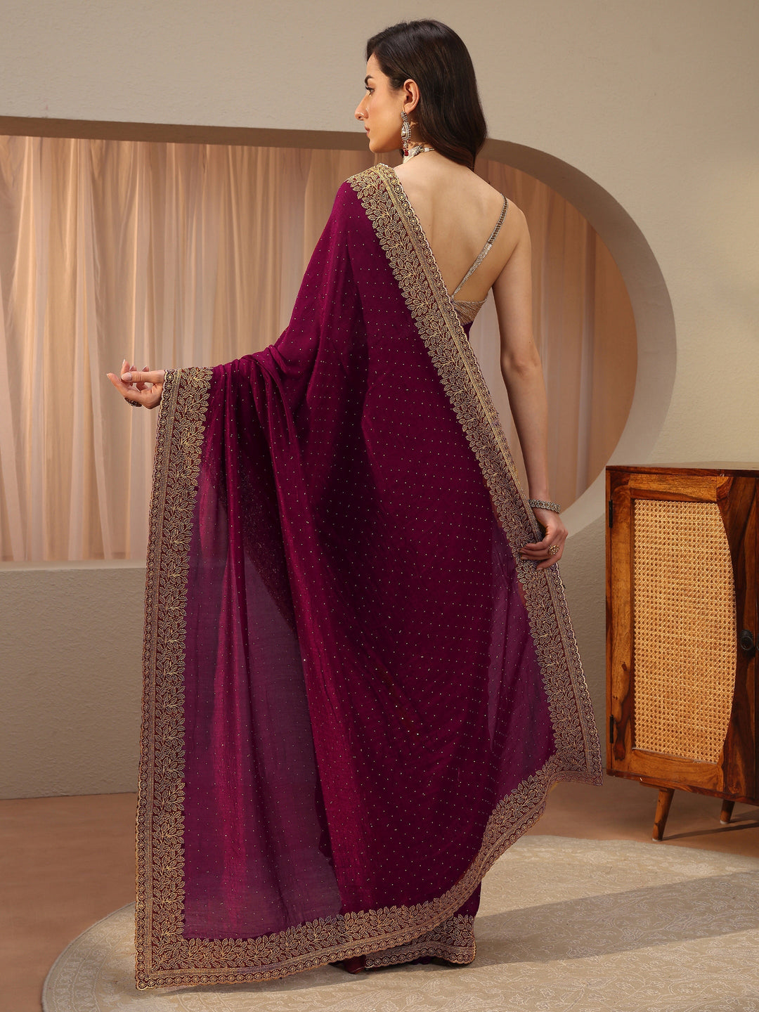 Maroon Embellished Silk Blend Saree