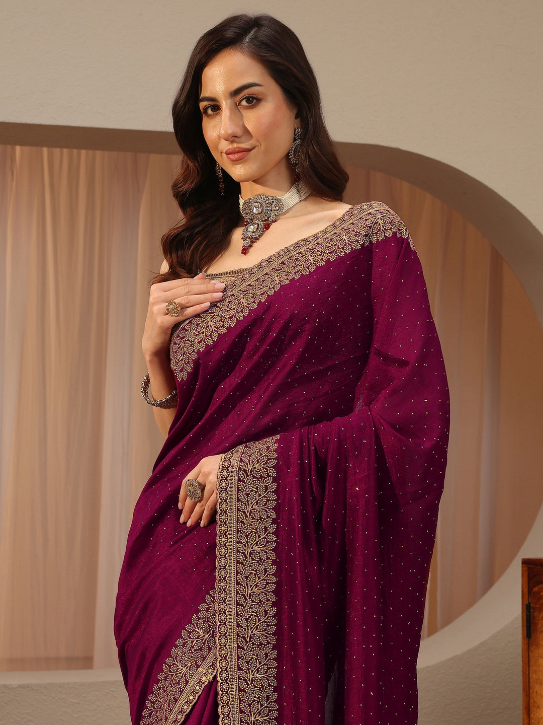 Maroon Embellished Silk Blend Saree