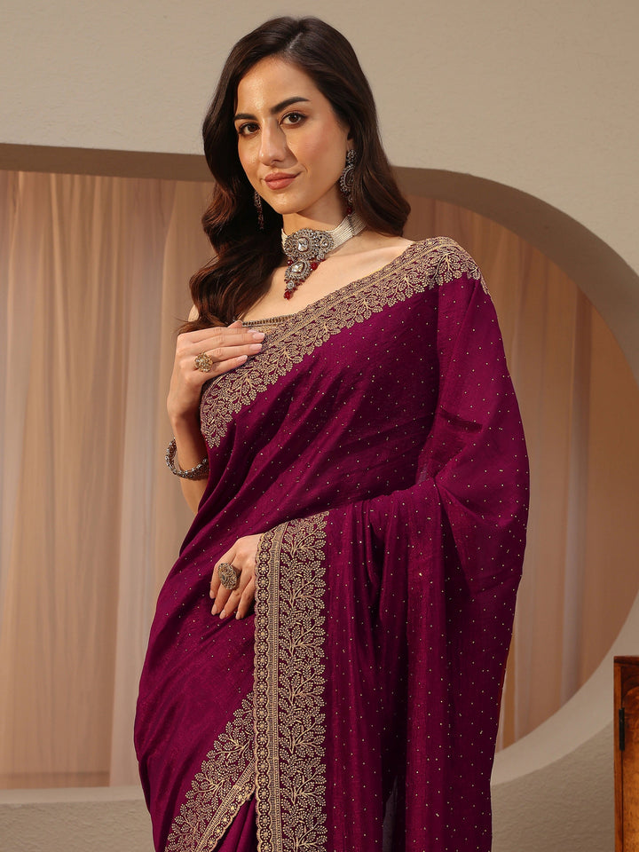 Maroon Embellished Silk Blend Saree