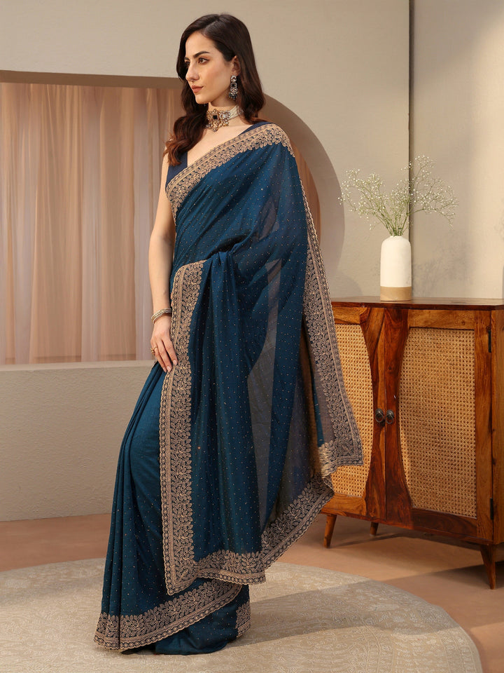 Navy Blue Embellished Silk Blend Saree