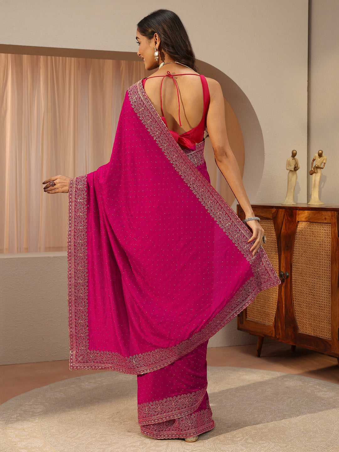 Rani Pink Embellished Silk Blend Saree