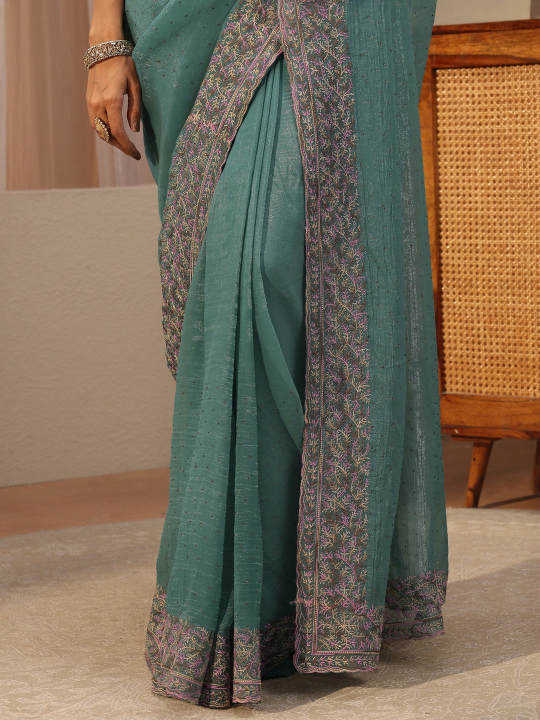 Powder Blue Embellished Tissue Saree