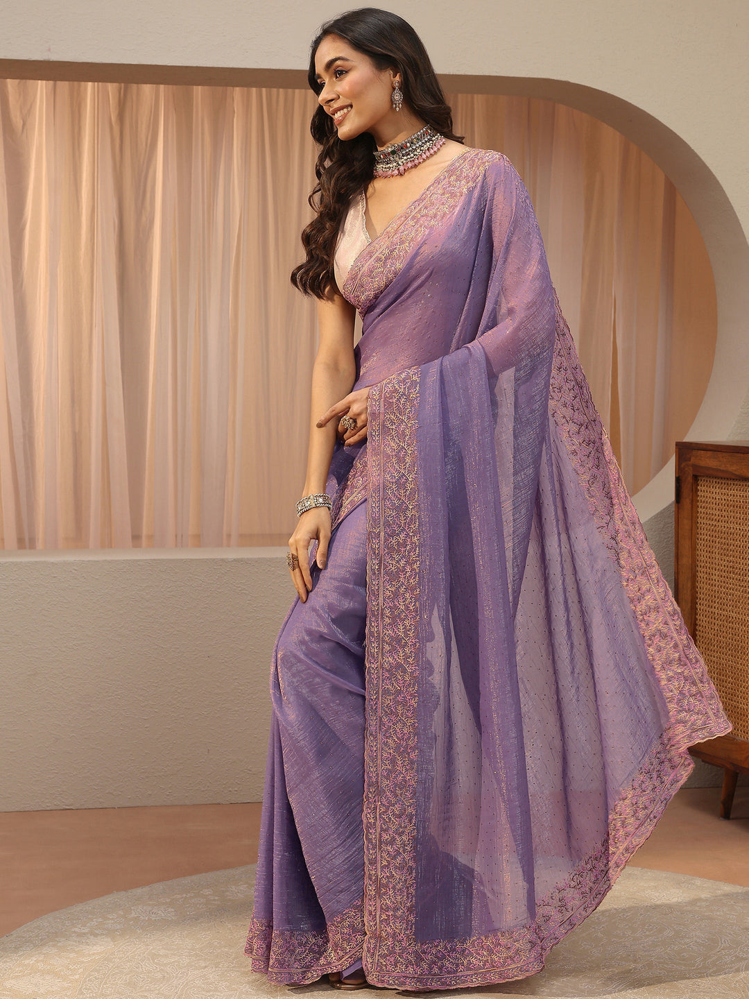 Lavender Embellished Tissue Saree