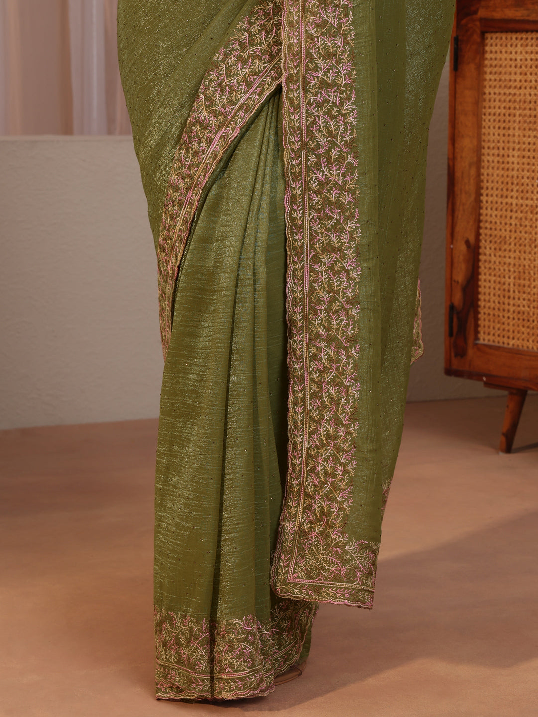 Leaf Green Tissue Saree With Embroidered Border