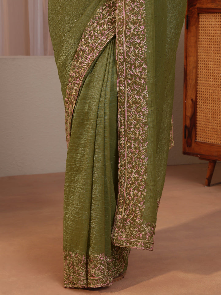 Leaf Green Tissue Saree With Embroidered Border