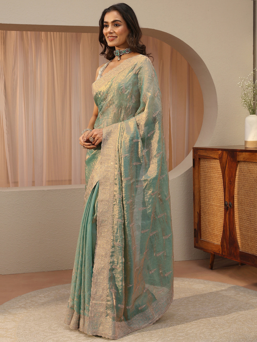 Seafoam Blue Ethnic Embellished Tissue Saree
