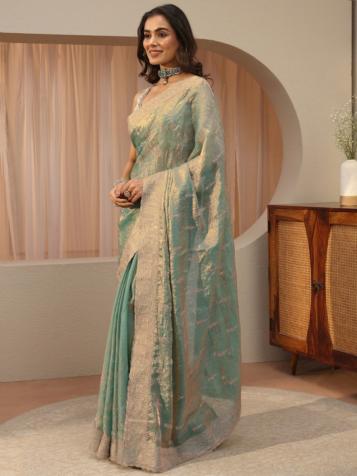 Seafoam Blue Ethnic Embellished Tissue Saree