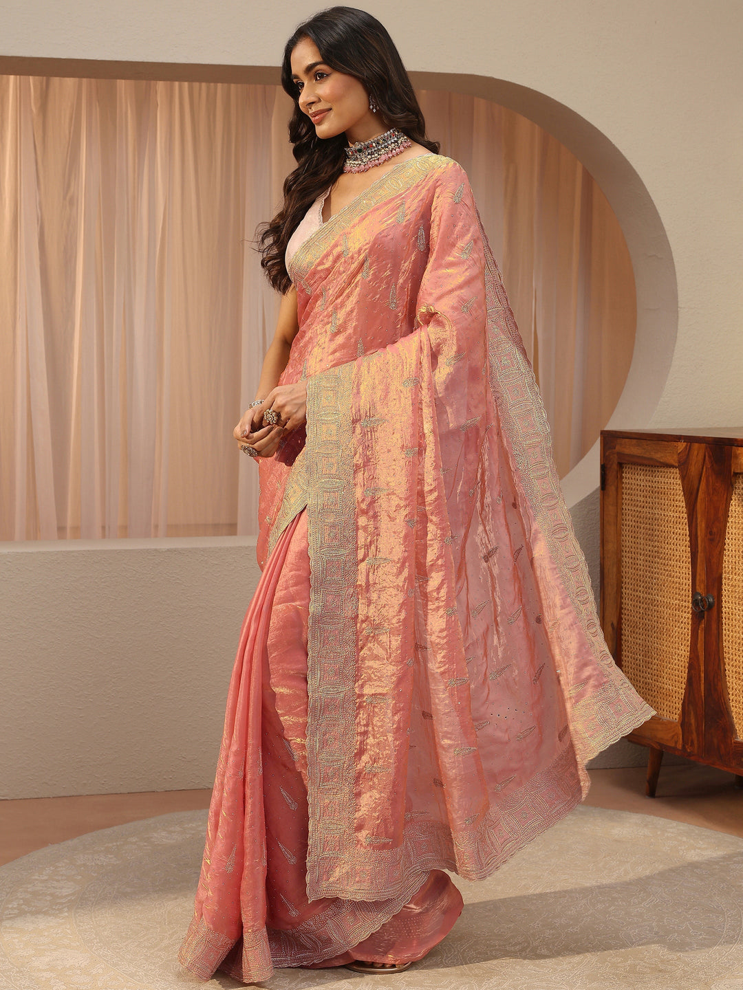 Peach Ethnic Embellished Tissue Saree