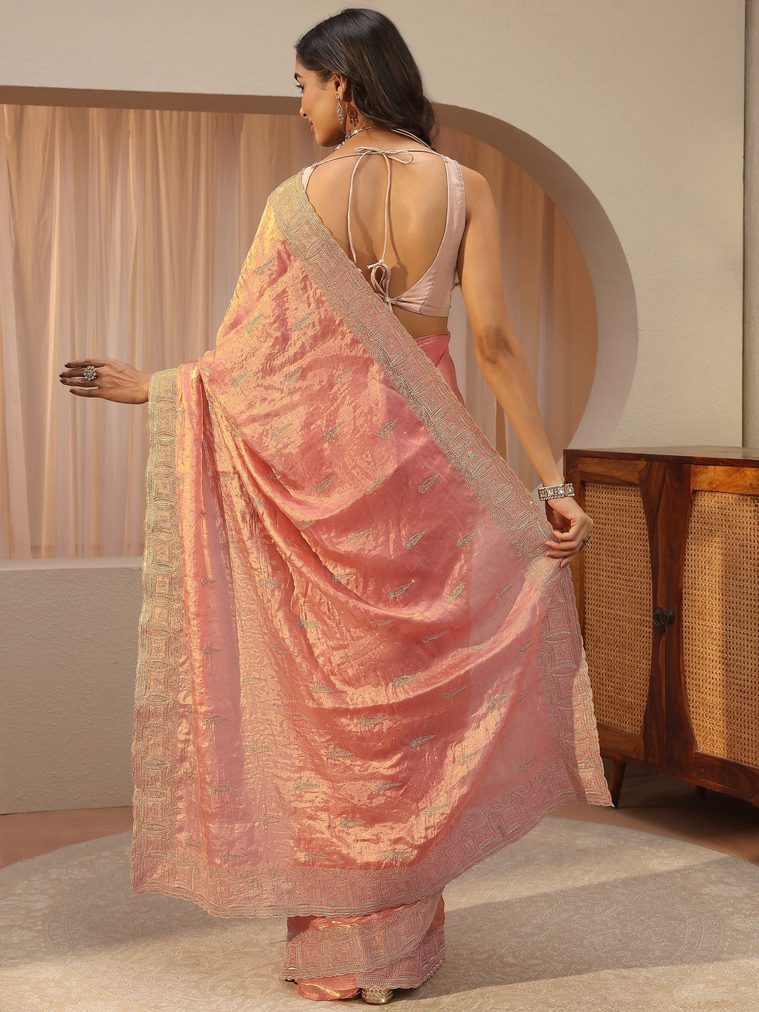Peach Ethnic Embellished Tissue Saree