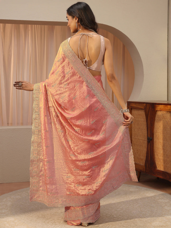 Peach Ethnic Embellished Tissue Saree