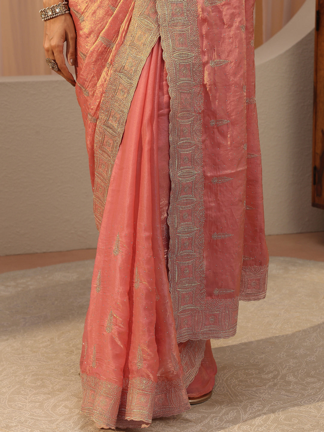 Peach Ethnic Embellished Tissue Saree