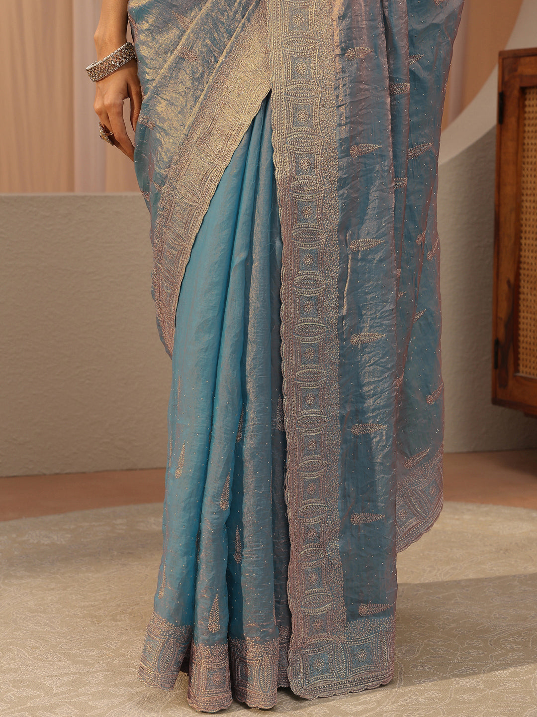 Powder Blue Ethnic Embellished Tissue Saree