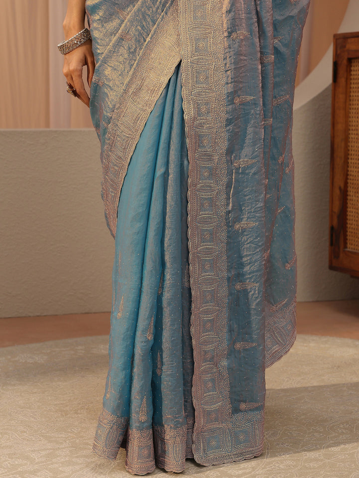 Powder Blue Ethnic Embellished Tissue Saree