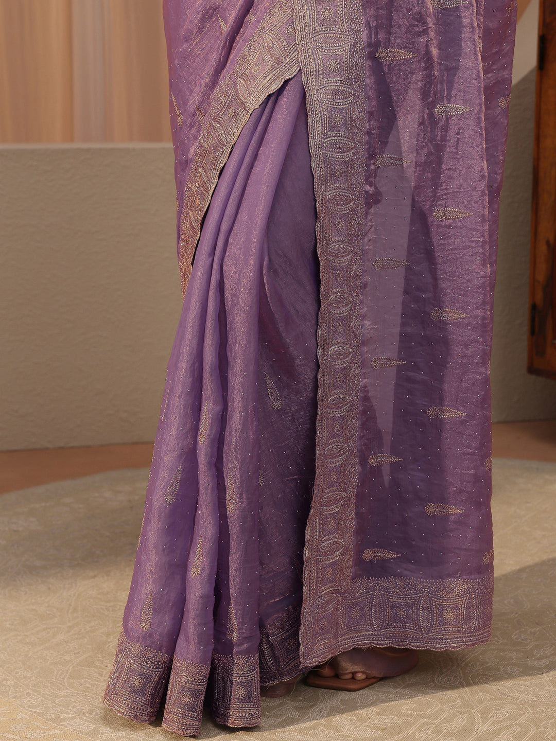 Lavender Ethnic Embellished Tissue Saree