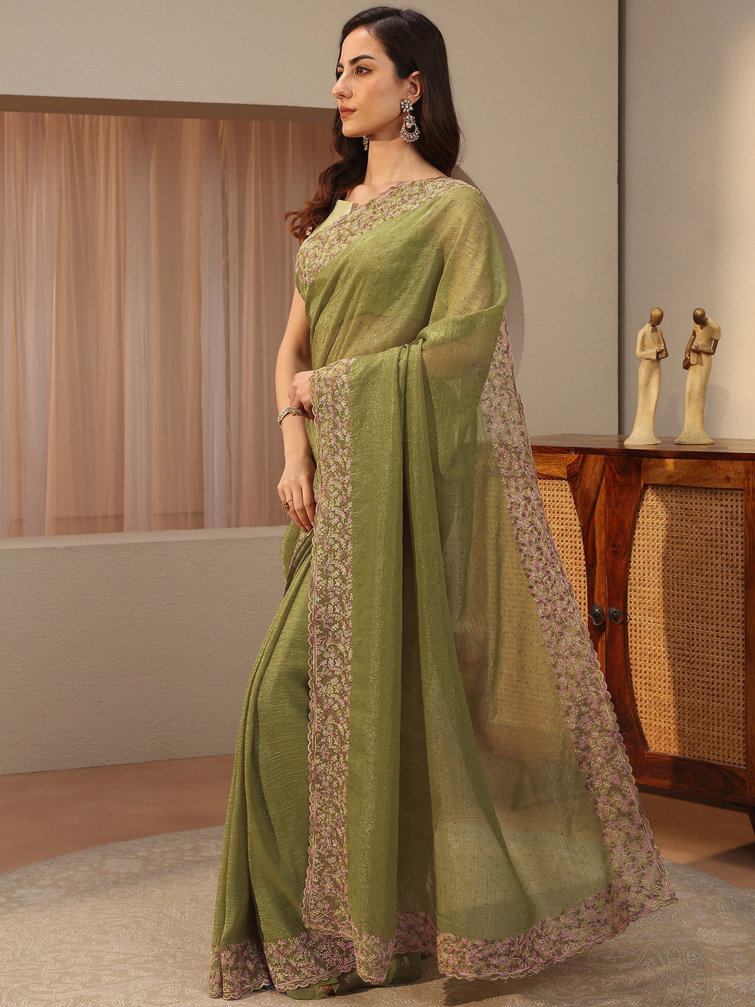 Moss Green Embellished Tissue Saree