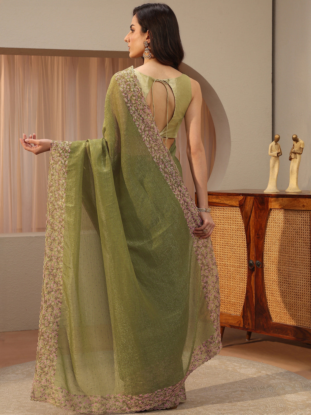 Moss Green Embellished Tissue Saree