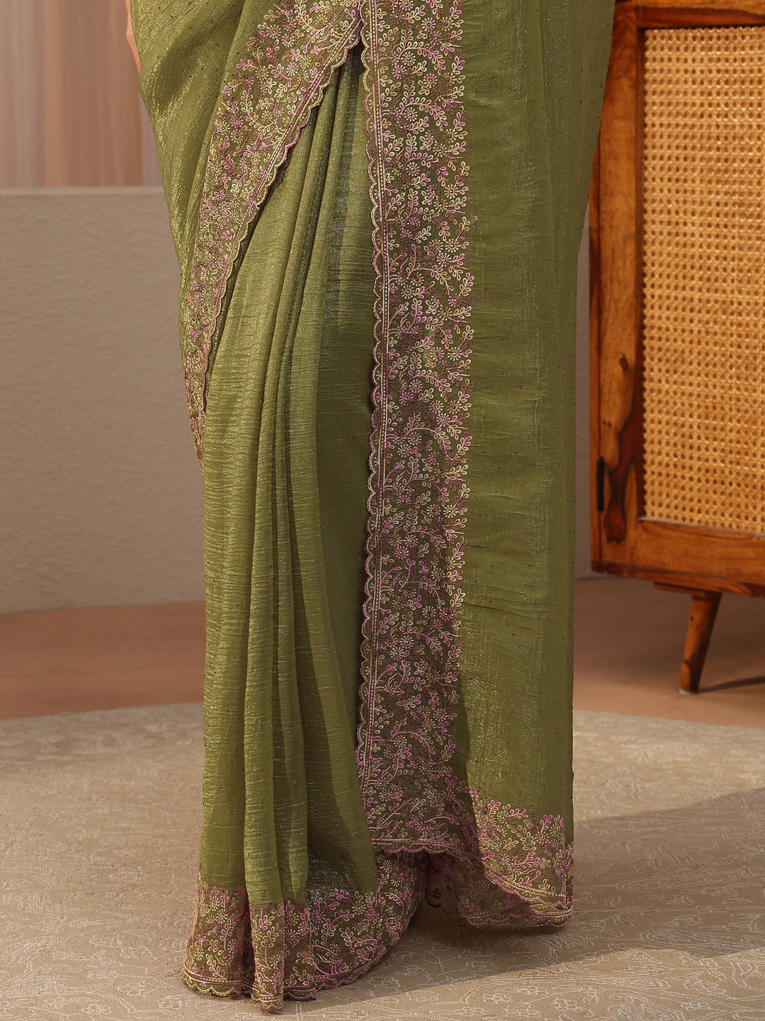 Moss Green Embellished Tissue Saree