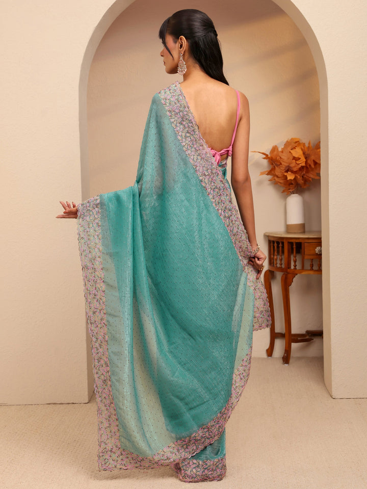 Libas Light Teal Blue Embellished Tissue Saree