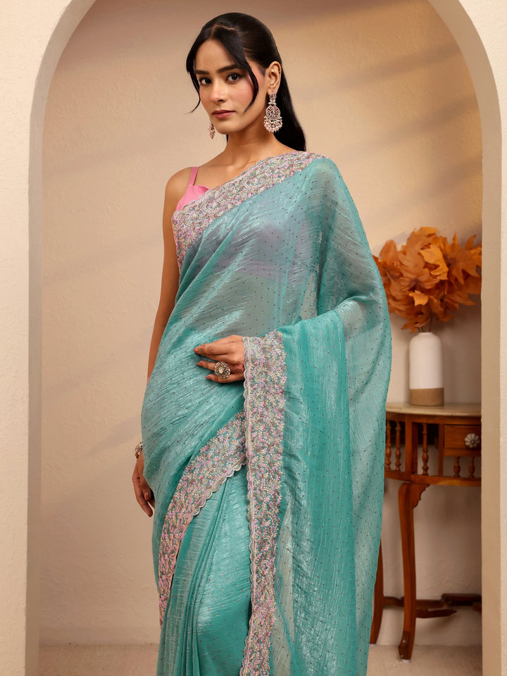 Libas Light Teal Blue Embellished Tissue Saree