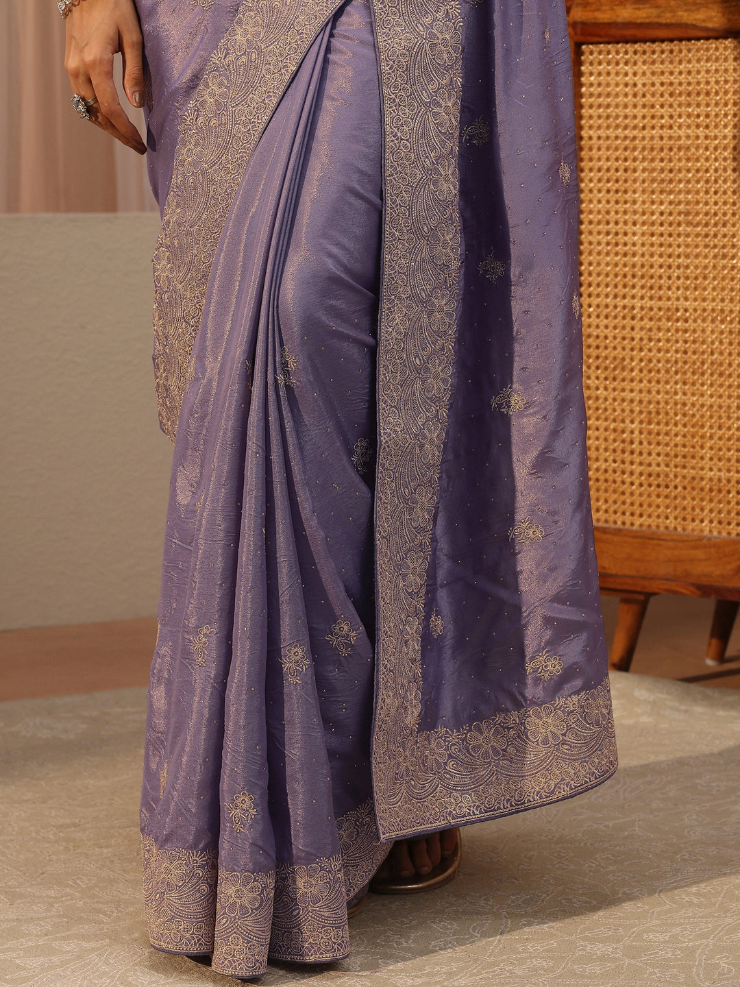 Lavender Floral Embroidered Satin Saree