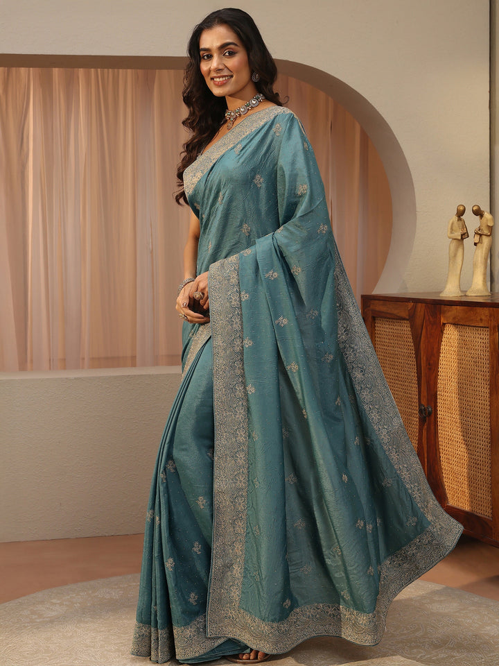 Aqua Blue Floral Embroidered Satin Saree