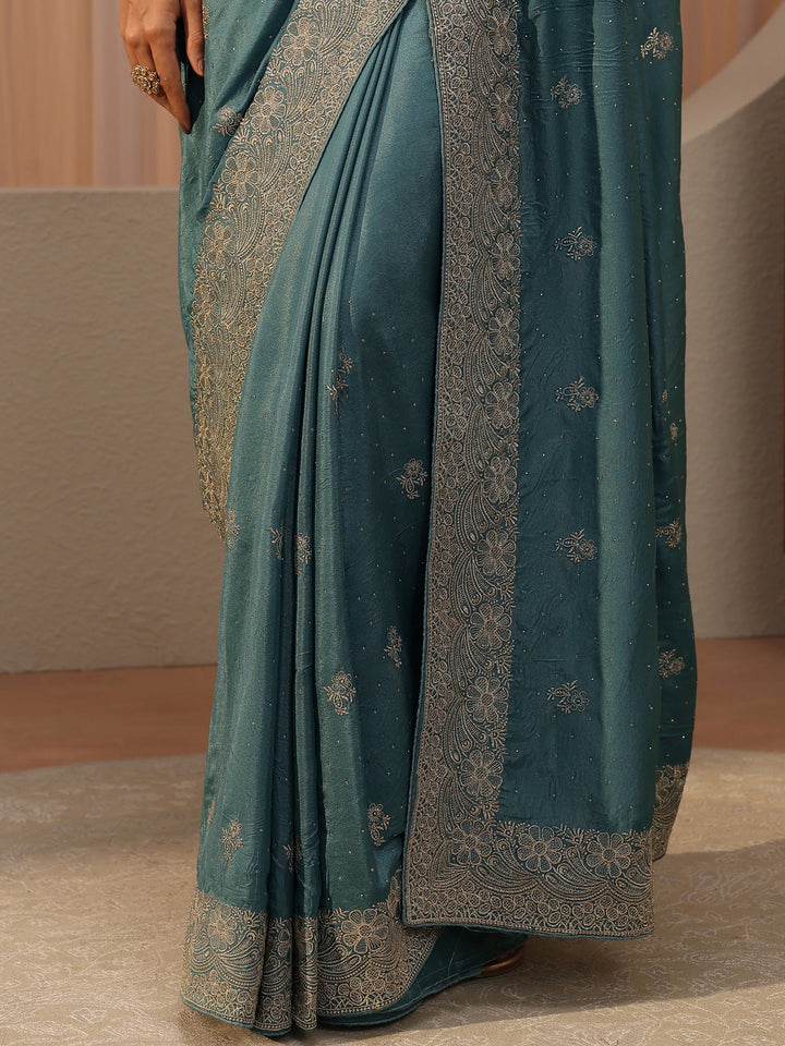 Aqua Blue Floral Embroidered Satin Saree
