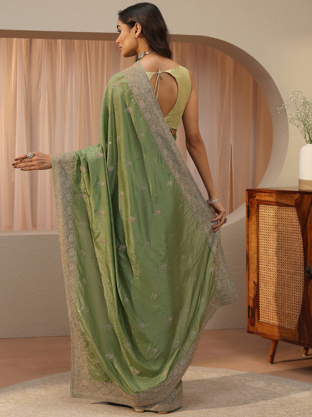Sage Green Floral Embroidered Satin Saree