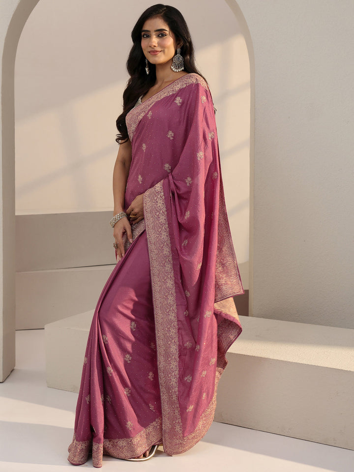 Libas Vintage Pink Floral Embellished Satin Saree