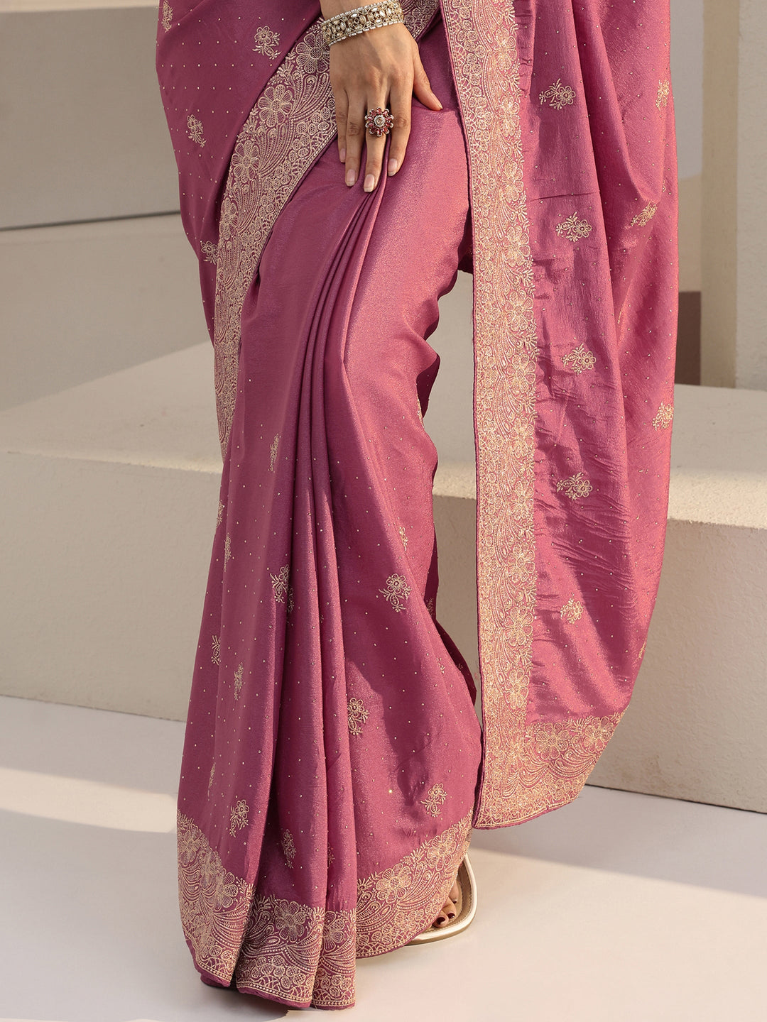 Libas Vintage Pink Floral Embellished Satin Saree