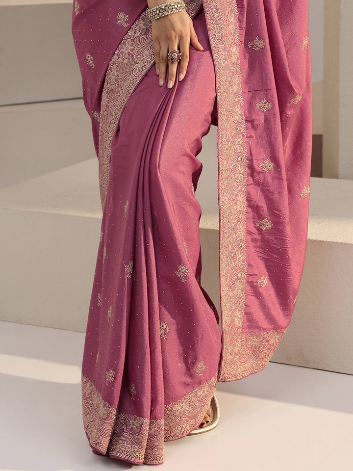 Libas Vintage Pink Floral Embellished Satin Saree