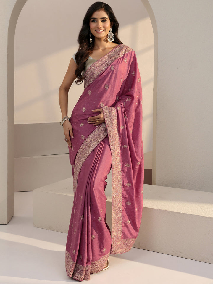 Libas Vintage Pink Floral Embellished Satin Saree