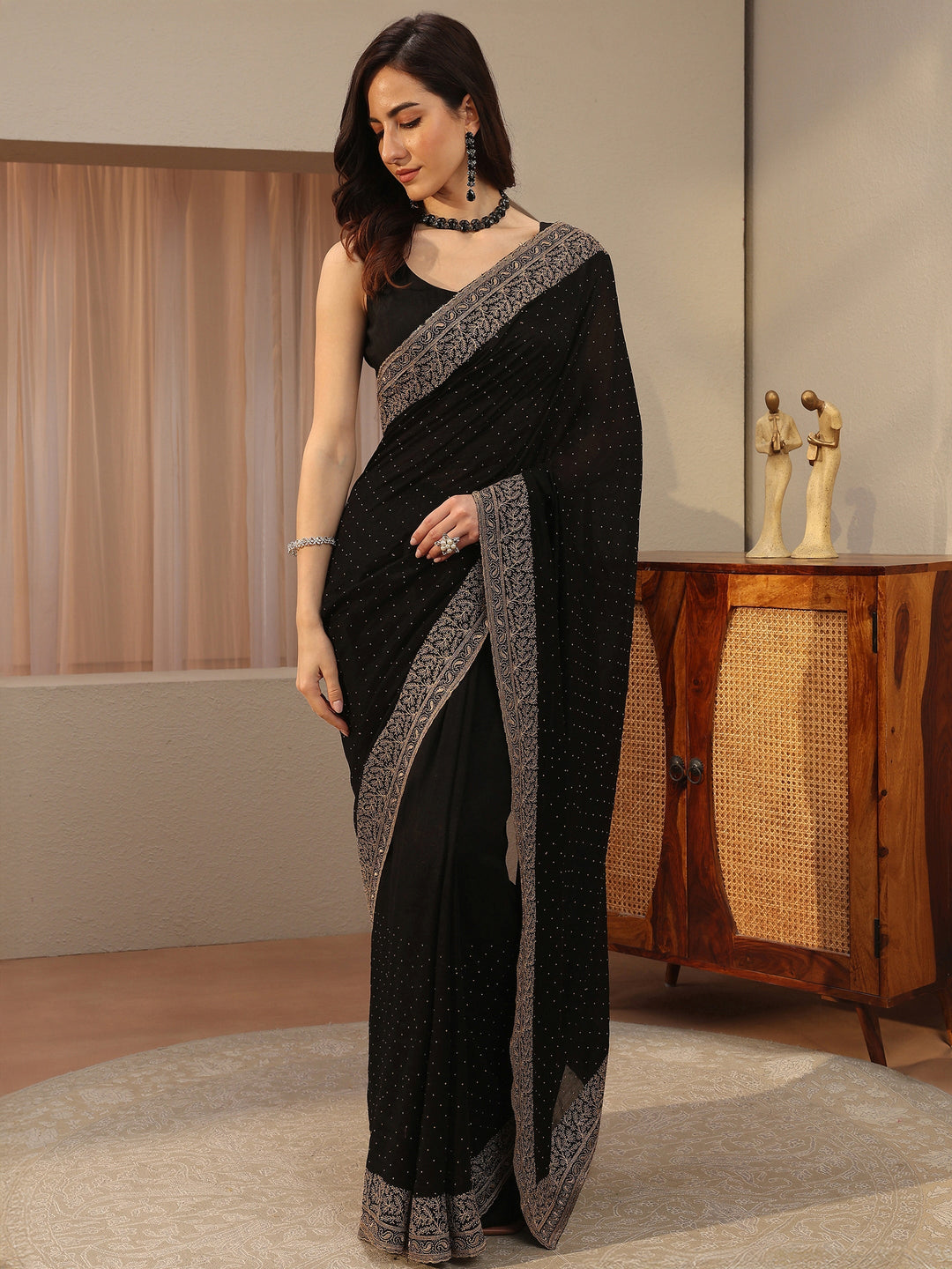 Black Embellished Silk Blend Saree