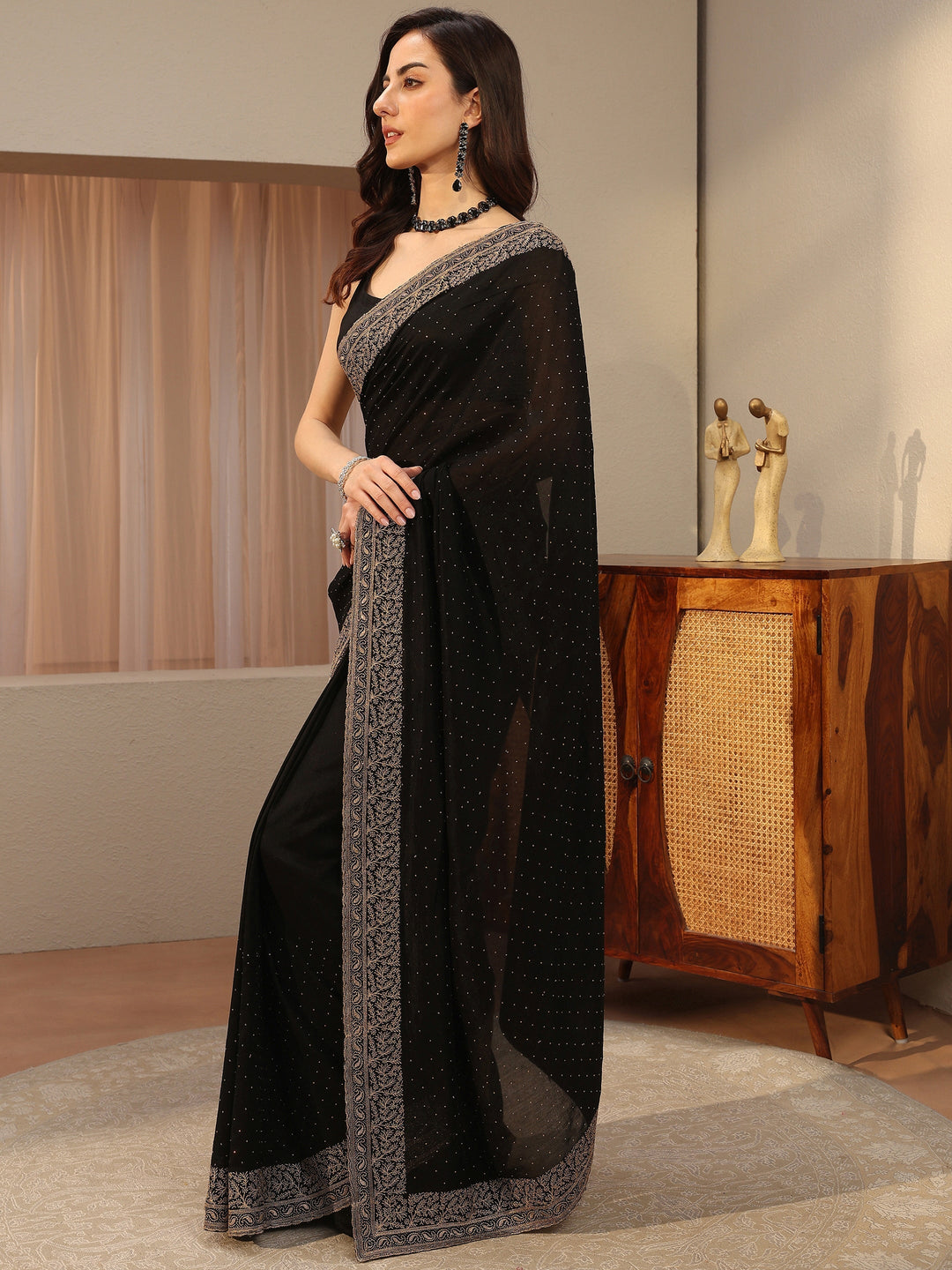 Black Embellished Silk Blend Saree