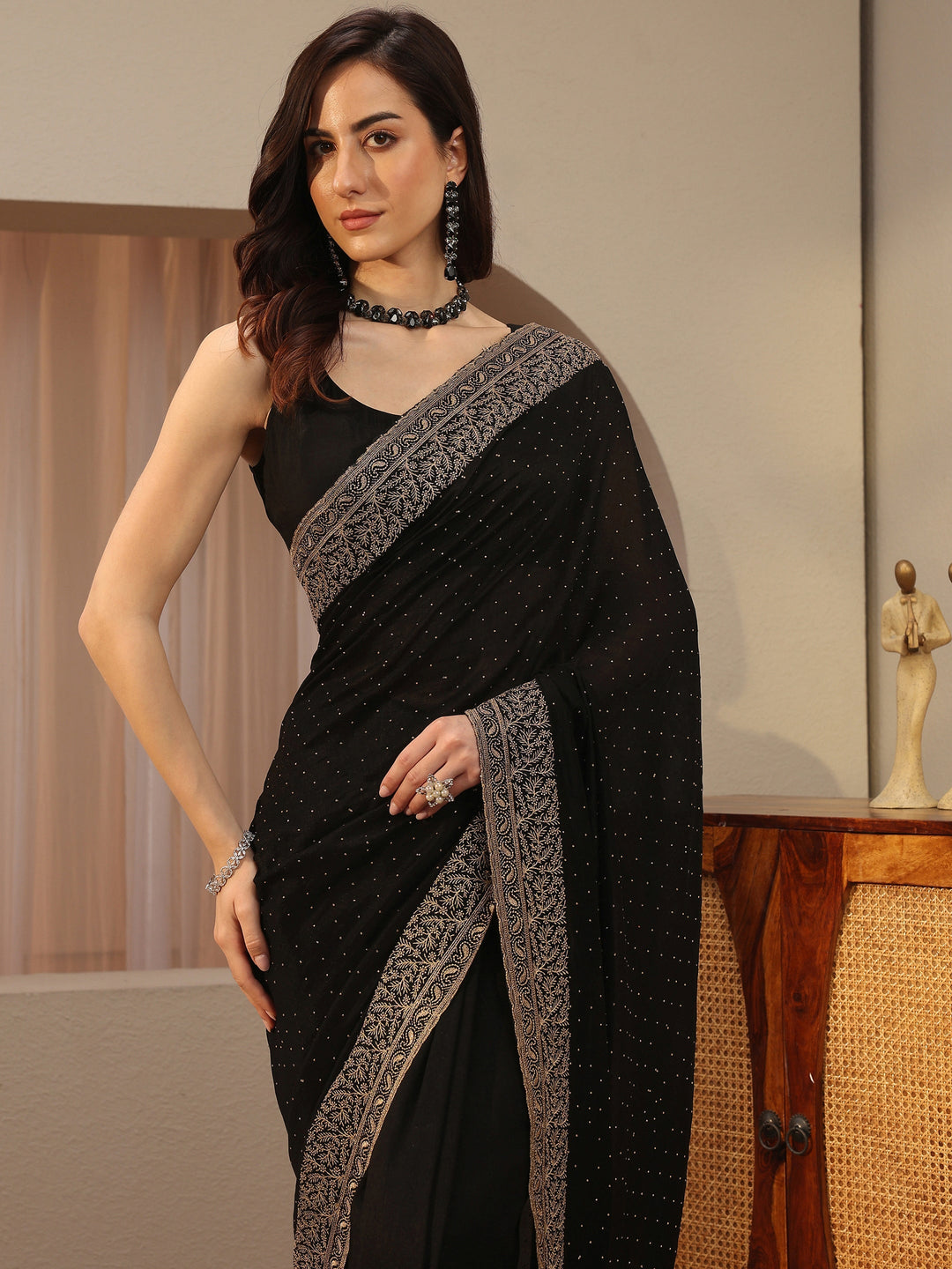 Black Embellished Silk Blend Saree