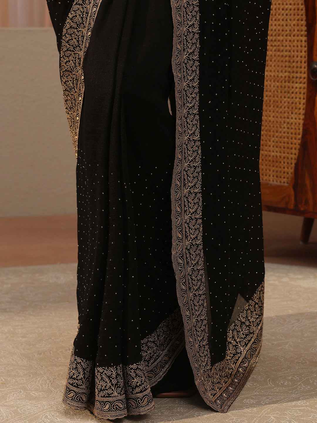 Black Embellished Silk Blend Saree
