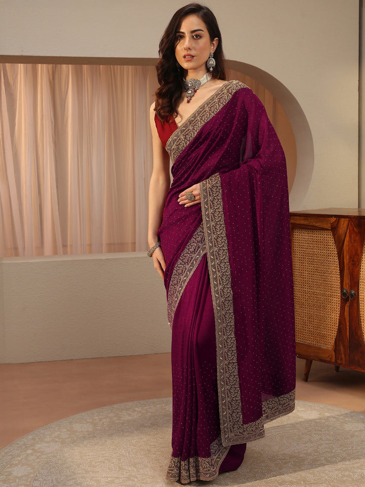 Maroon Embellished Silk Blend Saree