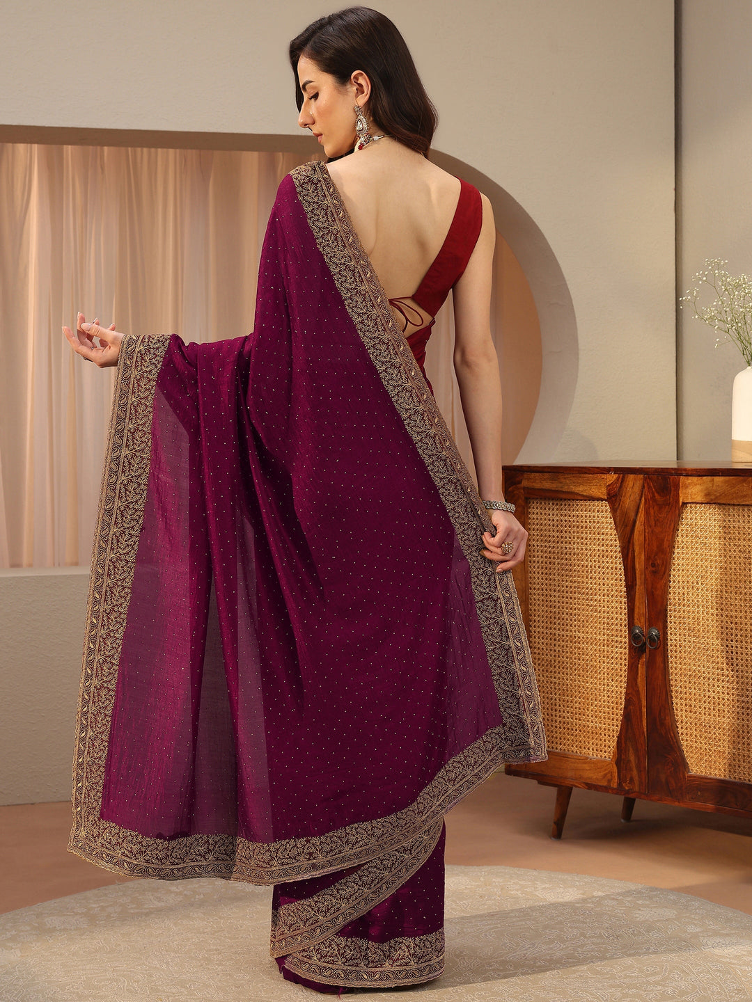 Maroon Embellished Silk Blend Saree