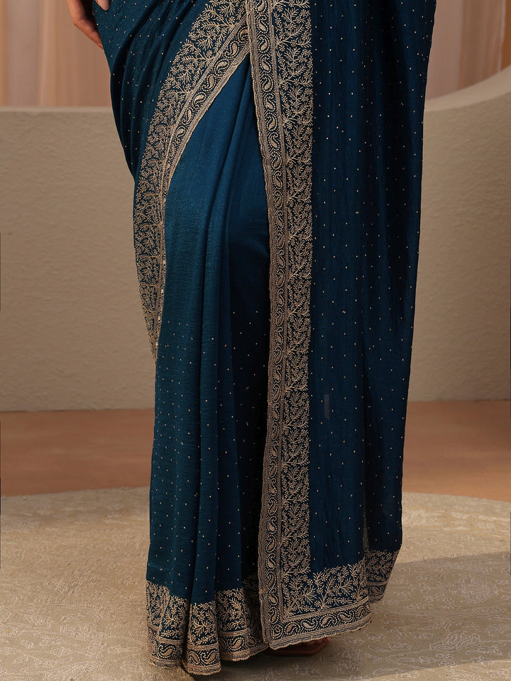 Navy Blue Embellished Silk Blend Saree