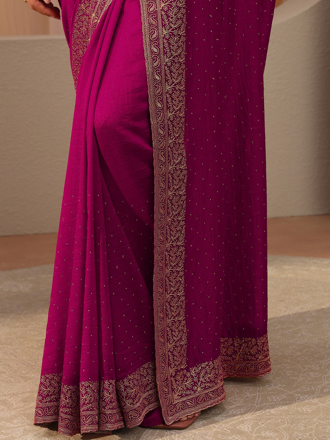 Rani Pink Embellished Silk Blend Saree