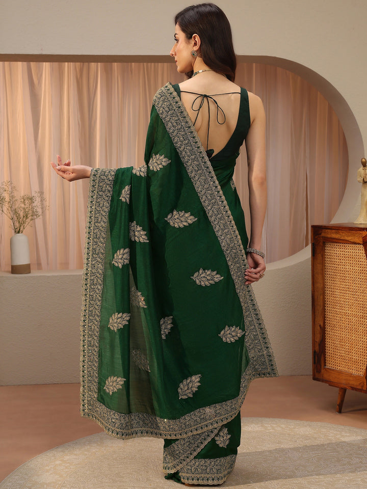 Bottle Green Floral Embroidered Silk Blend Saree