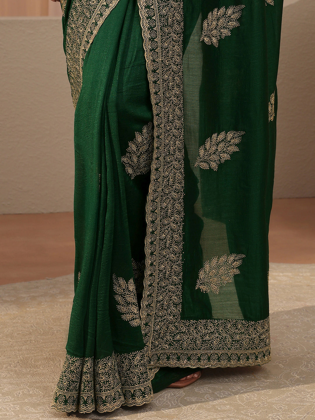Bottle Green Floral Embroidered Silk Blend Saree