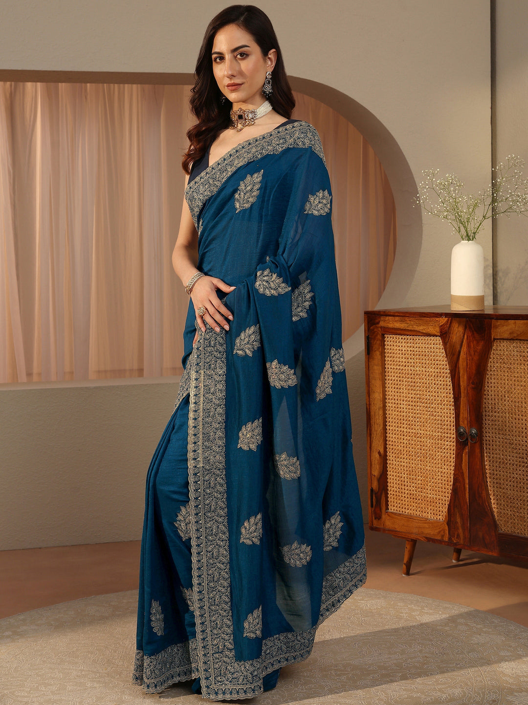 Navy Blue Floral Embroidered Silk Blend Saree