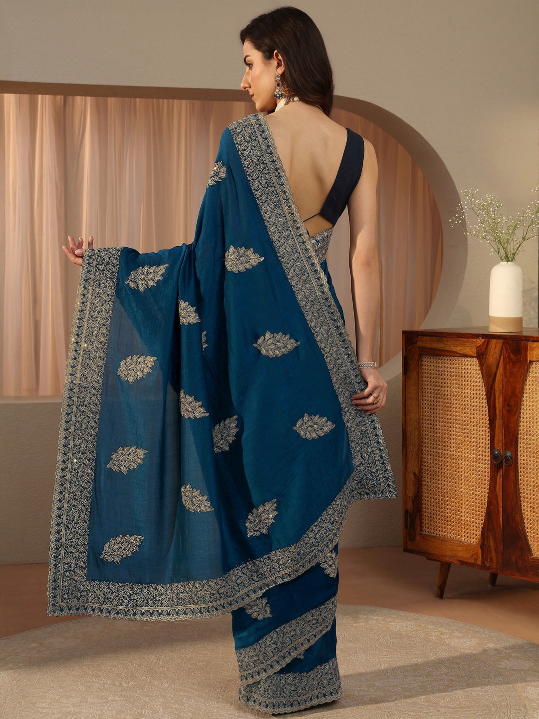 Navy Blue Floral Embroidered Silk Blend Saree
