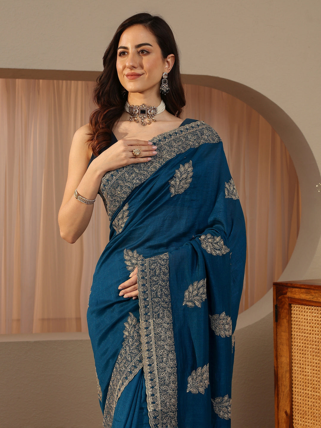 Navy Blue Floral Embroidered Silk Blend Saree