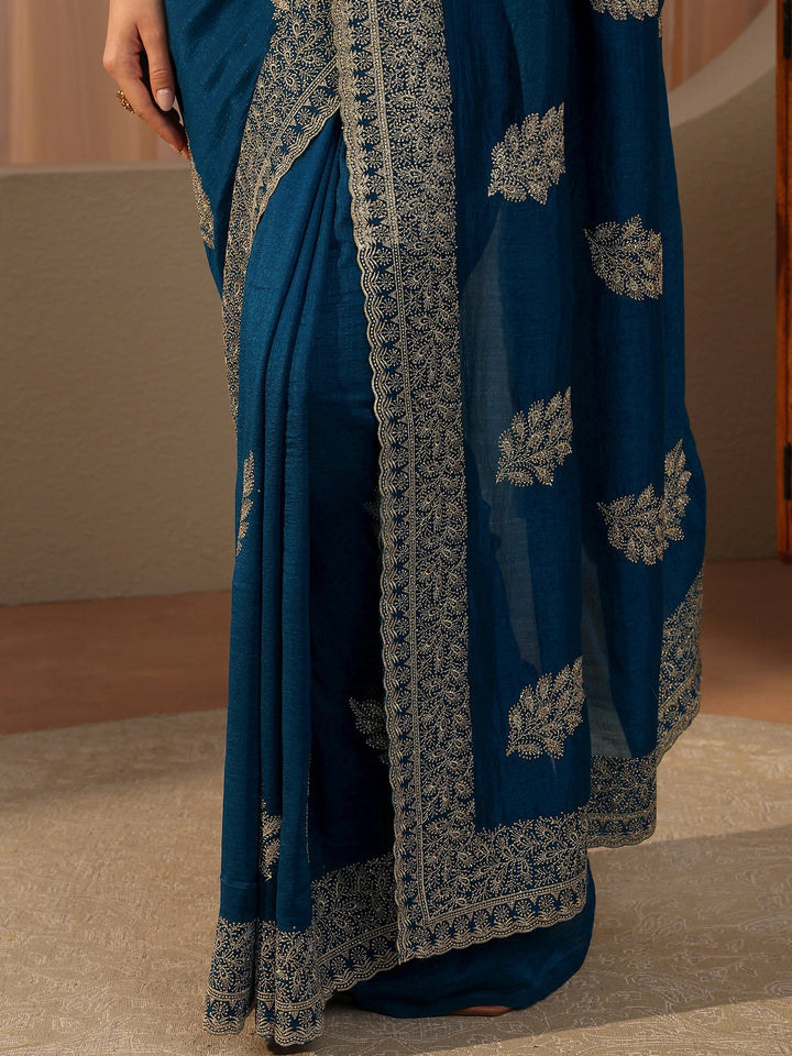 Navy Blue Floral Embroidered Silk Blend Saree