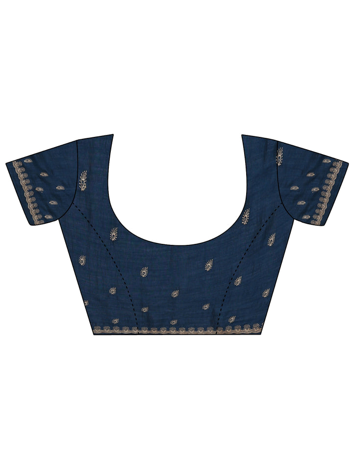 Navy Blue Floral Embroidered Silk Blend Saree